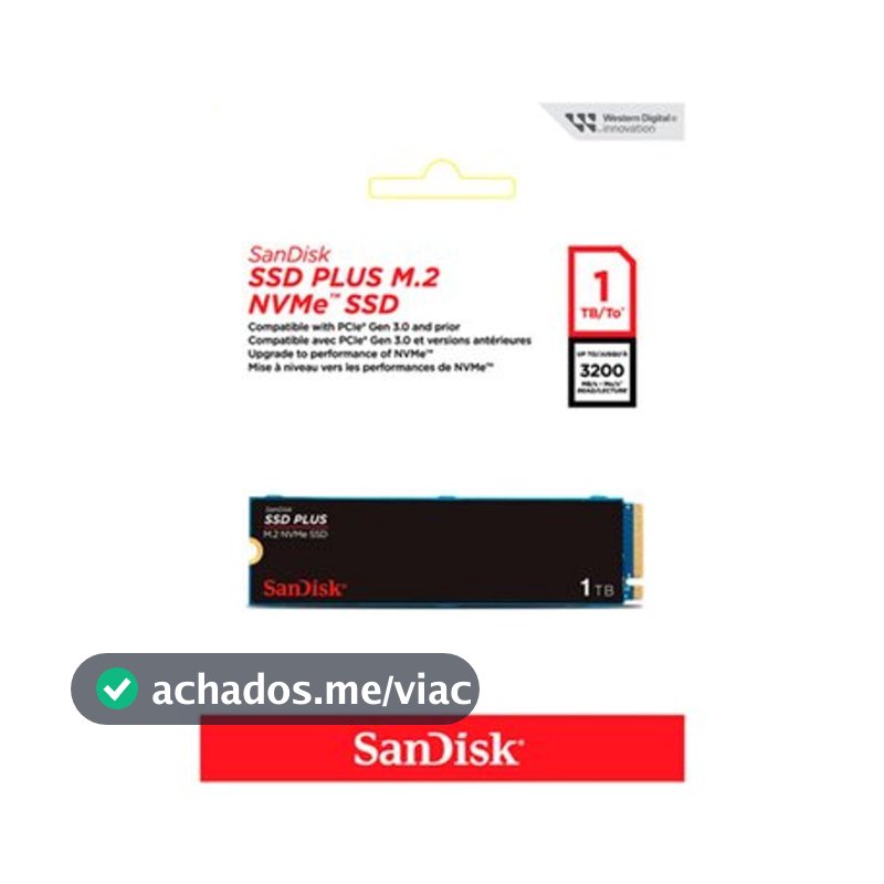 SSD SanDisk Plus, 1TB, M.2 PCle, NVMe, Leitura 3200MB/s e Gravação acima de 2500MB/s, Preto - SDSSDA3N-1T00-G26