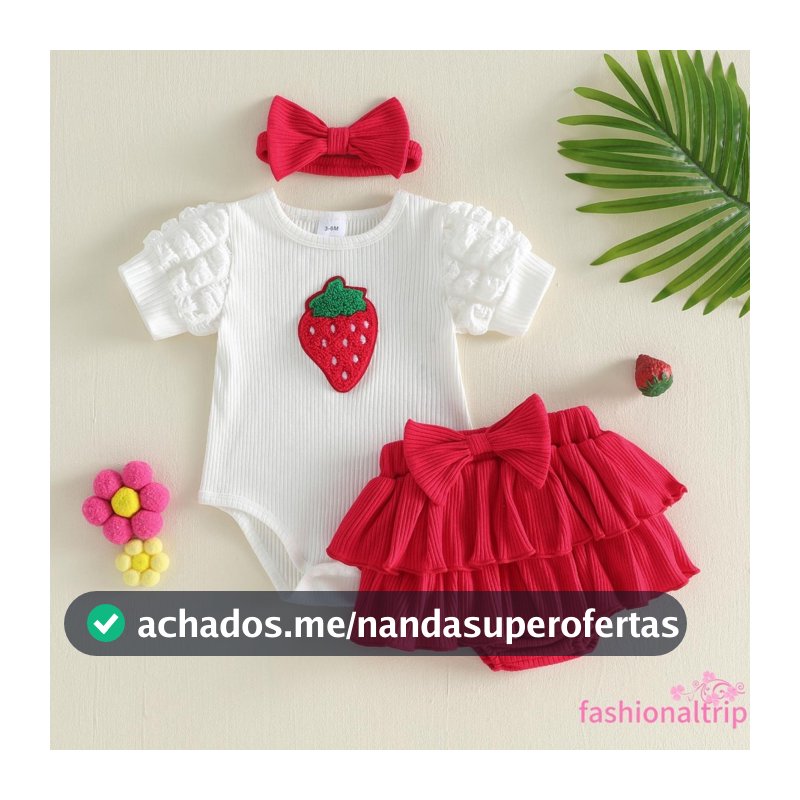 Conjunto De Shorts Para Bebês Meninas Manga Curta Bordado Morango Macacão Cintura Elástica Com Faixa De Cabelo Roupa De