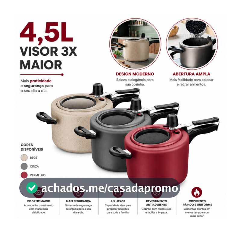Panela de Pressão 4,5L Antiaderente com Visor de Vidro na Tampa 12cm Grande Grafite / Cereja / Perola 4,5 Litros MTA