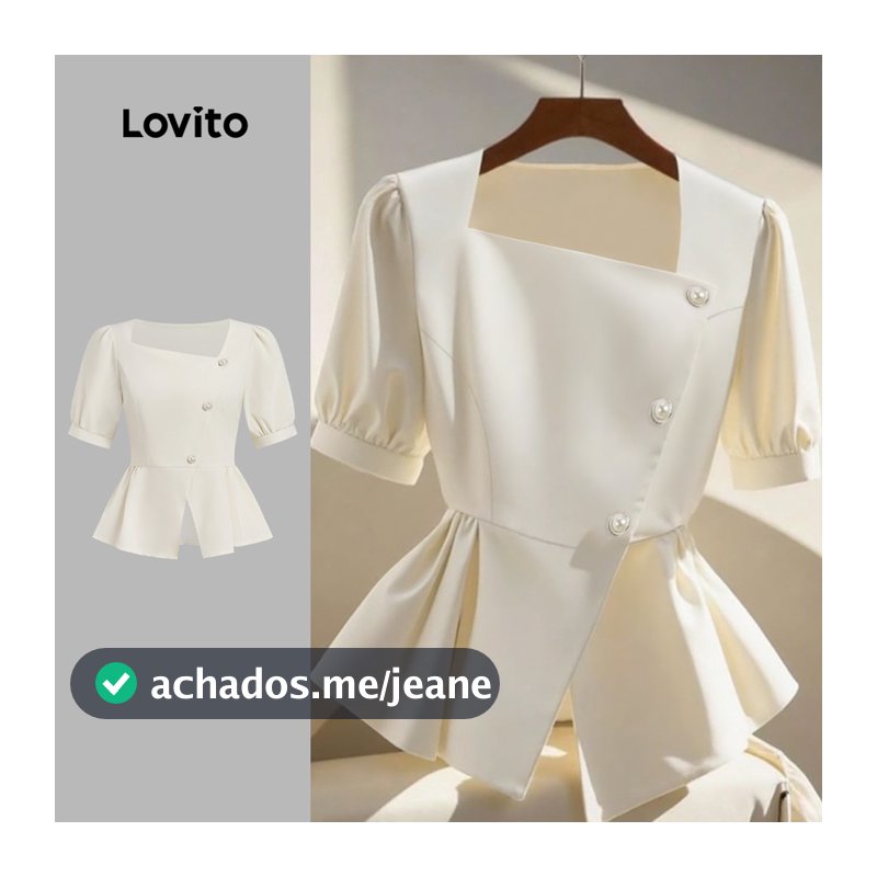 Lovito Elegante Blusa Assimétrica com Botões Primavera/verão Babado Blusa Off-white para Mulheres L137LD210