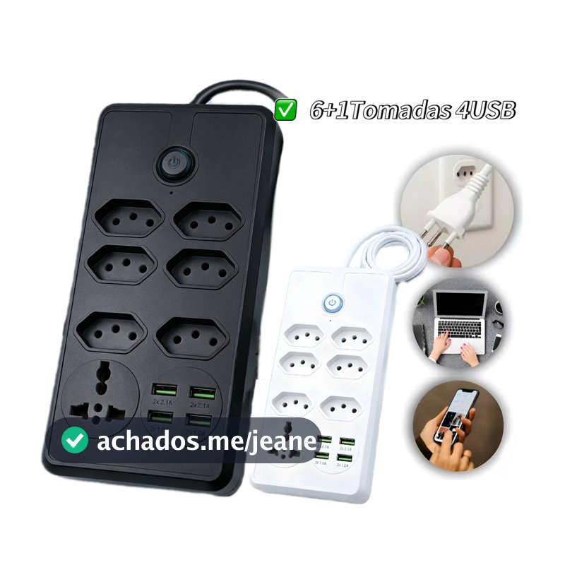 Régua Filtro de Linha com 4 Tomadas Extensão Elétrica 3 USB Bivolt 10A 110v/220v Cabo de 2 Metros