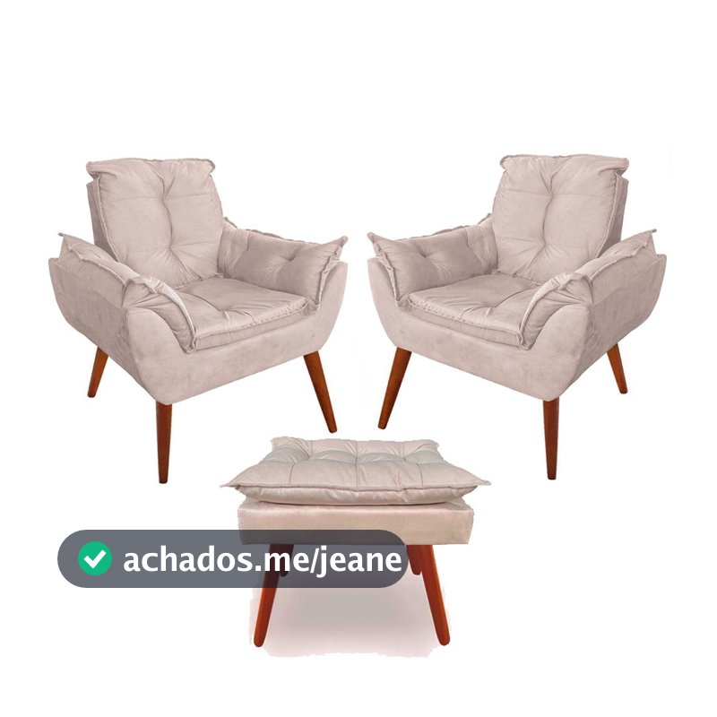 Kit 02 Poltronas Opalla Confortável + 01 Puff Puf Pés Palito Para Escritório Suede Cores