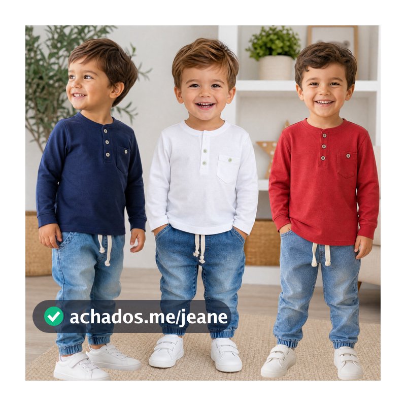 Conjunto 2 peças Camisa com Botões Manga Longa e Calça Jeans Stona com Bolsos Kit Menino