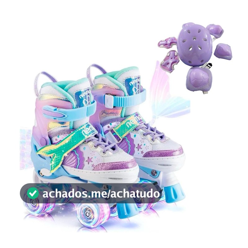 Patins Infantil 4 Rodas Quad Roxo Sereia Com Led Patins Meninas Com Proteção Ajustavel Com Freios