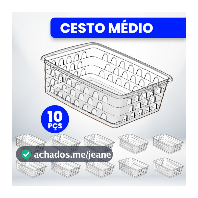 Kit com 10 Cestos Organizadores Multiuso Transparente 20x15,5x6,5 Médio