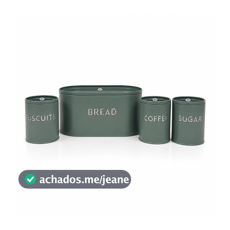 Kit Porta Mantimento Pão Café Açúcar Biscoito Aço Galvanizado Verde Design Sofisticado