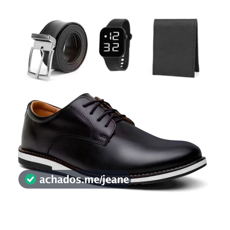 Kit Sapato Social Masculino Oxford Casual De Couro Confortável Com Solado Resistente Costurado + Relogio Cinto Carteira
