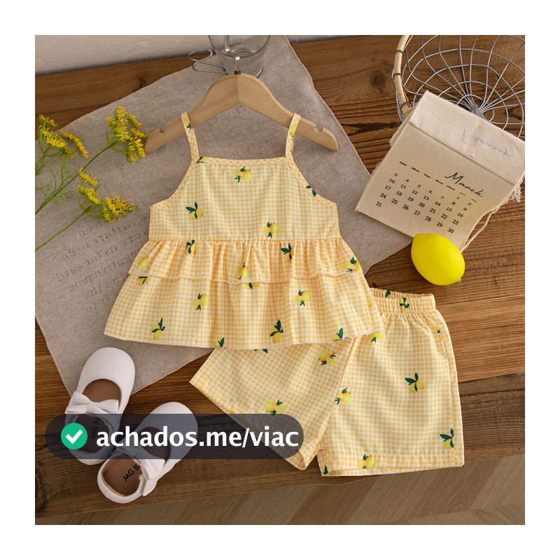 Conjunto De Roupas Xadrez Amarelas Para Bebês Meninas Em Camadas Com Shorts Roupa De Férias Infantil