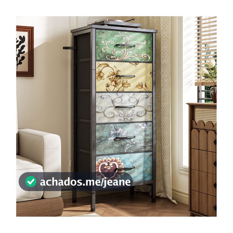 Cômoda de Tecido 5 Gavetas 96cm Organizadora de Roupas com Estampa para Quarto Sala Escritório
