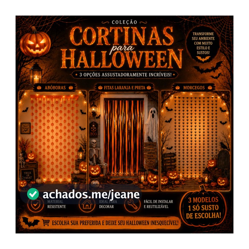 Cortina Halloween Decoração 1m x 2m Abóbora Morcego Preto e Laranja Festa Painel Porta Parede - Unidade ou Kit 2