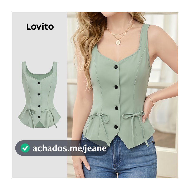 Lovito Blusa Elegante com Botões Frontais para O Dia a Dia Confortável e Estilosa Verde Claro LK7ED260