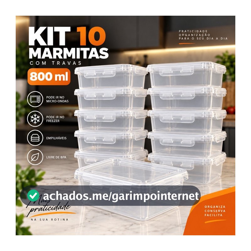 Kit Com 10 potes 800ml Tampa Com Trava Marmita Fitness Lavavel Freezer Microondas Durável BPAFree