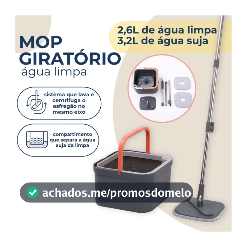 Mop Esfregão Com Refil Microfibra Balde Separa Água Limpa E Suja Interno 2,6L e Externo 3,2L