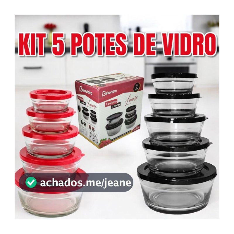 Kit Conjunto 5 Tigelas de Vidro com Vedação Hermética Resistente Não Vaza Cozinha Multiuso