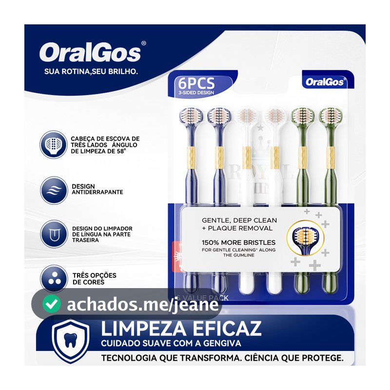 OralGos Escova Dental 3 Lados, Limpeza Profunda, Cerdas Macias, Para Gengivas Sensíveis