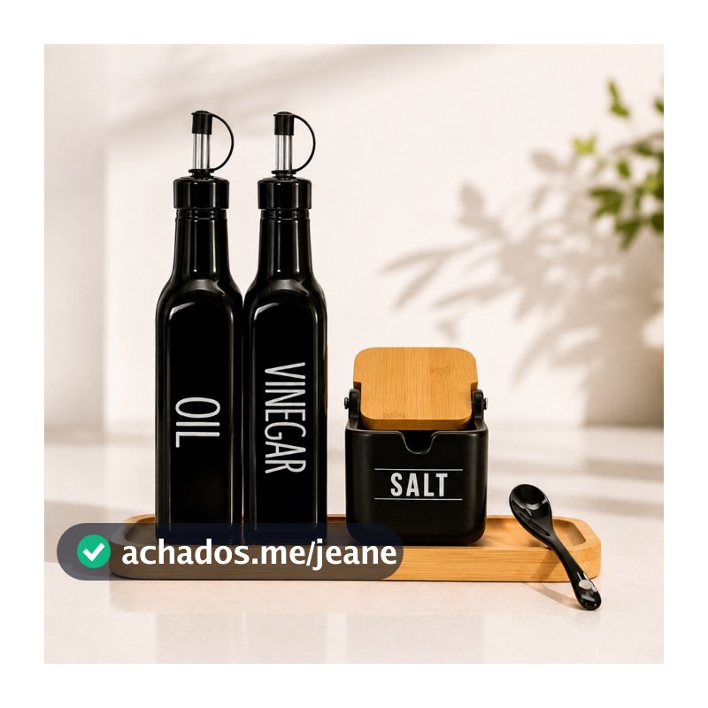 Galheteiro Azeiteiro Saleiro Vinagreiro Preto Tampa de Bambu Black Vinagre Oleo Azeite Sal Madeira Cozinha Preta