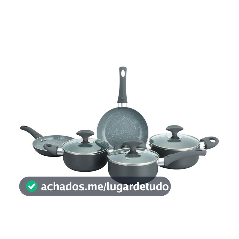 Conjunto 5 Panelas Cerâmica Cazza Tampa de Vidro Cinza