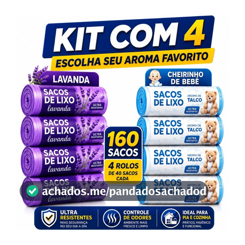 Kit 4 Rolos de Sacos de Lixo 10L 160 Unidades Perfumado Lavanda Talco Cheirinho Bebê Pia Banheiro