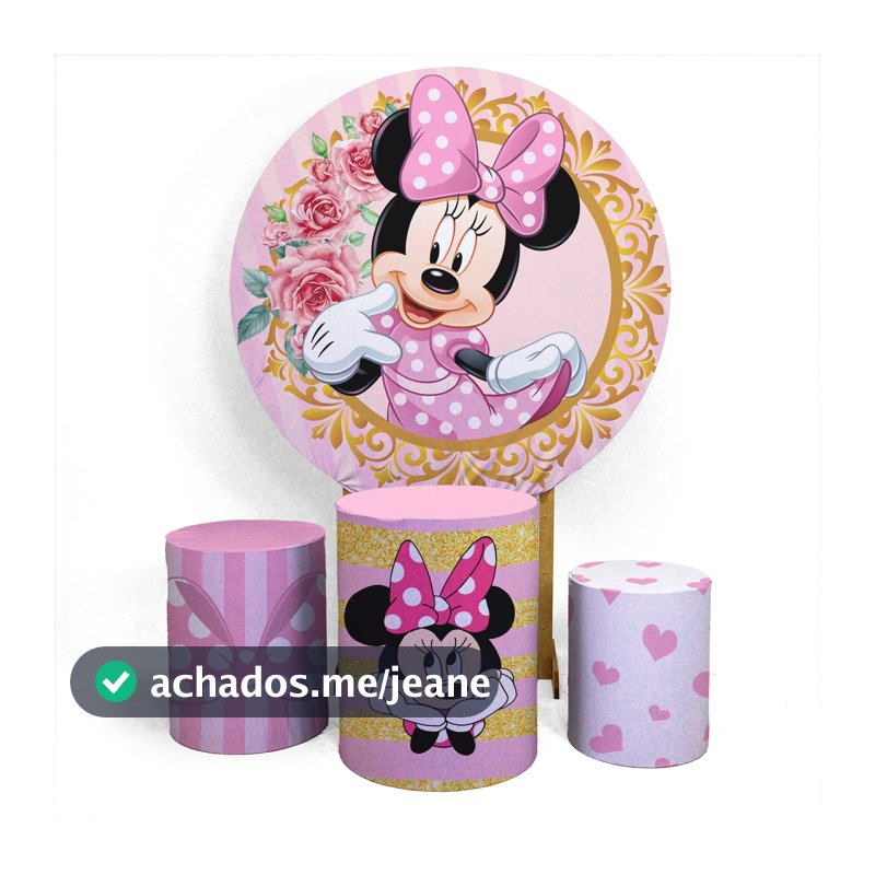 Kit Capa Painel 1,5 x 1,5 Trio Capa Cilindro Aniversário Veste Fácil Tema Mnie Rosa