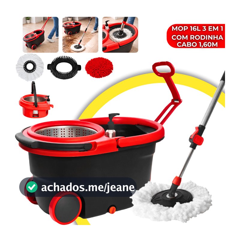 Mop Profissional 3 em 1 Inox 16L Com Rodinha Balde 360º Giratório com Alça Extensível Esfregão