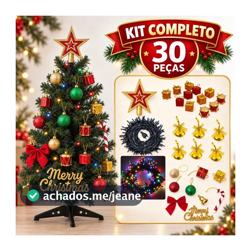 Árvore de Natal Decorada 120CM/90CM/60CM Completa com Pisca Pisca Ponteira e 27 Enfeites Variados