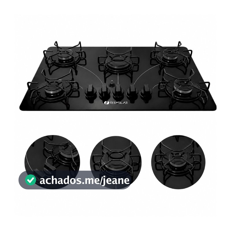 Cooktop a Gás Braslar Pop 5 Bocas - Queimador Central 3000W e Trempes Individuais - Bivolt