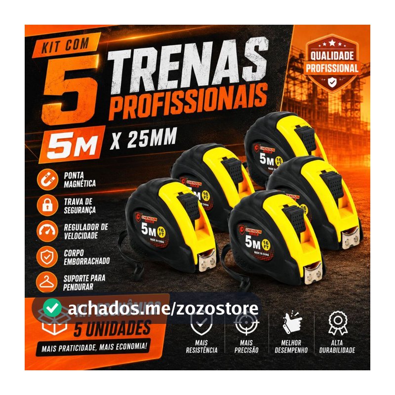 Trena De Aço Emborrachada Profissional - Com 5 Metros - Kit C/5 Unidades - Nybc