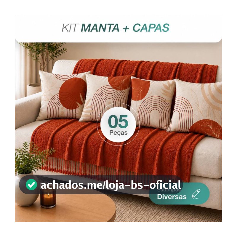 Kit Manta Decorativa P + 4 Capas de Almofadas Estampa Digital para Sala