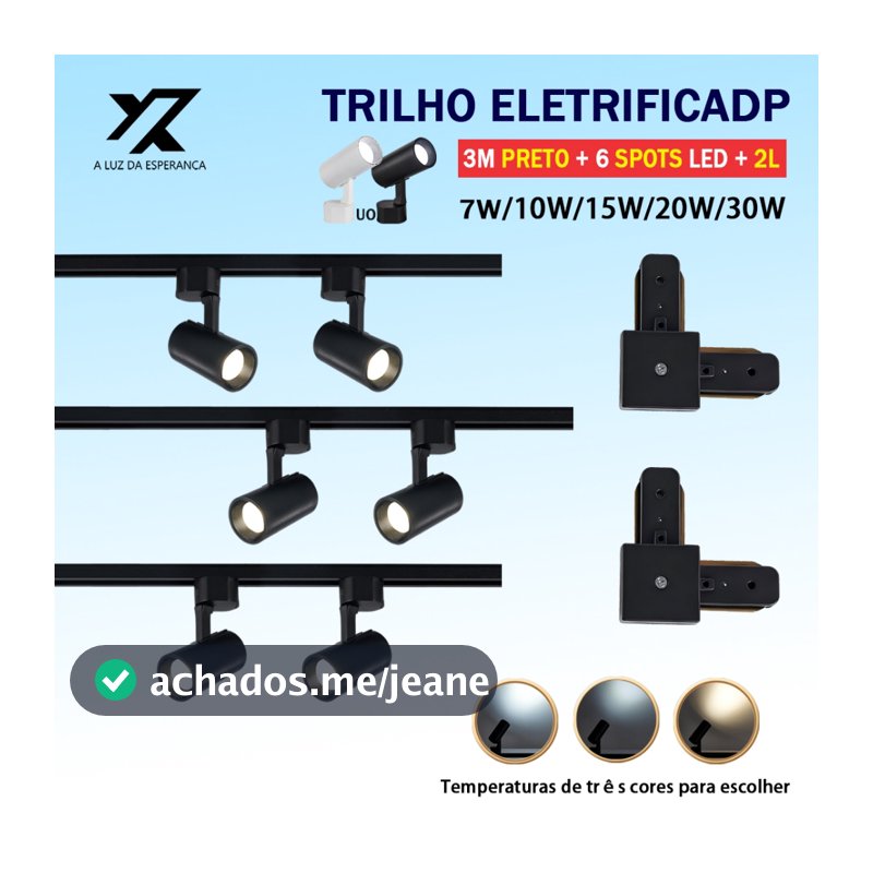 Kit Trilho Spot LED Eletrificado 3M Preto+6 Spots Led 2- Tipo L Cor Preto Branco Bivolt 7W A 30W