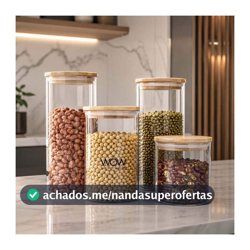 Kit 4 Potes Herméticos Tampa Bambu Organizador Mantimentos Cozinha