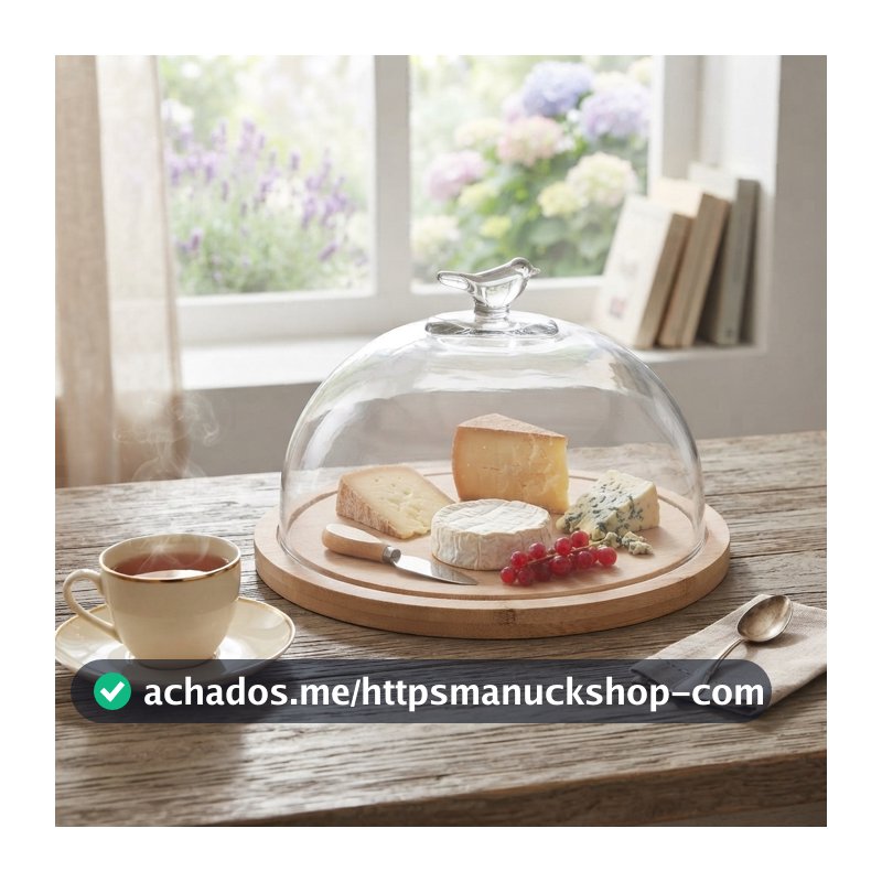 Queijeira Wolff Bird com Tampa de Vidro e Base de Bambu 20cm Porta Queijo para Frios e Petiscos Mesa Posta Café da Manhã