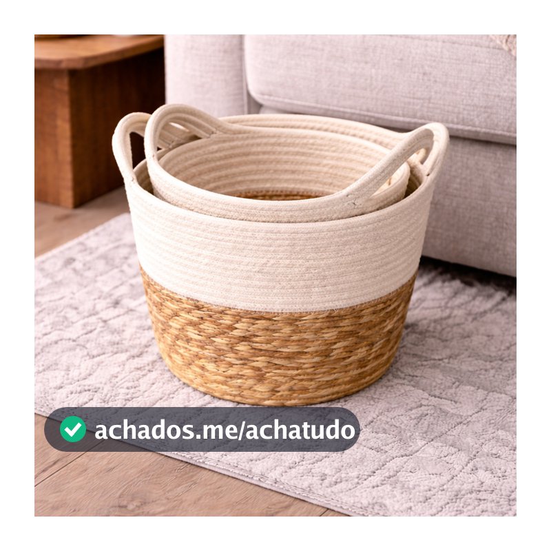 Cesto Decorativo Organizador Fibra Natural Bicolor C/ Alça Estilo Boho Sala Quarto Banheiro