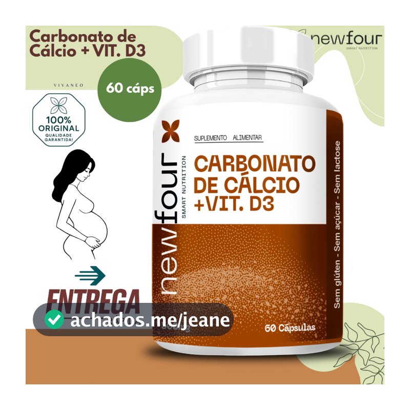 Carbonato de Cálcio + Vitamina D3 500mg 60 Cápsulas Gravidez Saúde Óssea - New Four