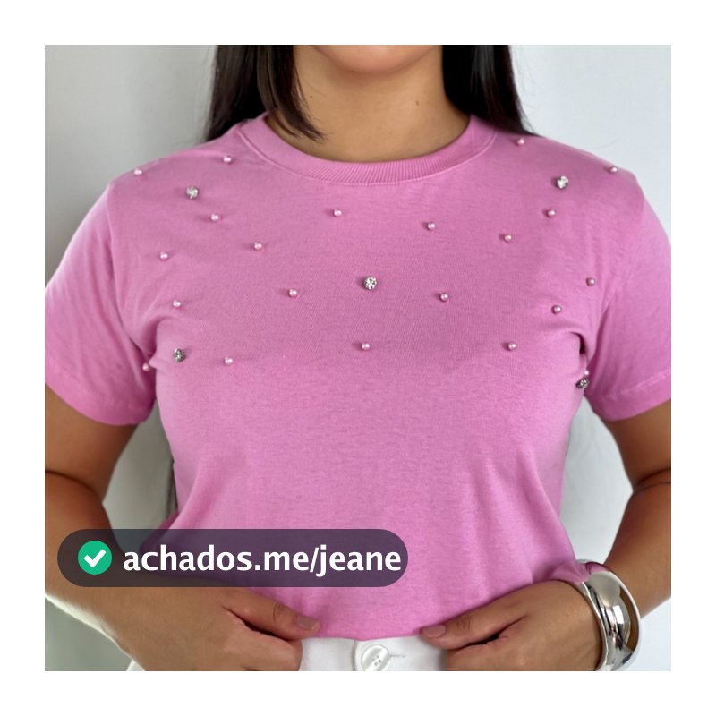 Blusa Com Pérolas Rosa Bebê T-shirt Feminina Moda Casual
