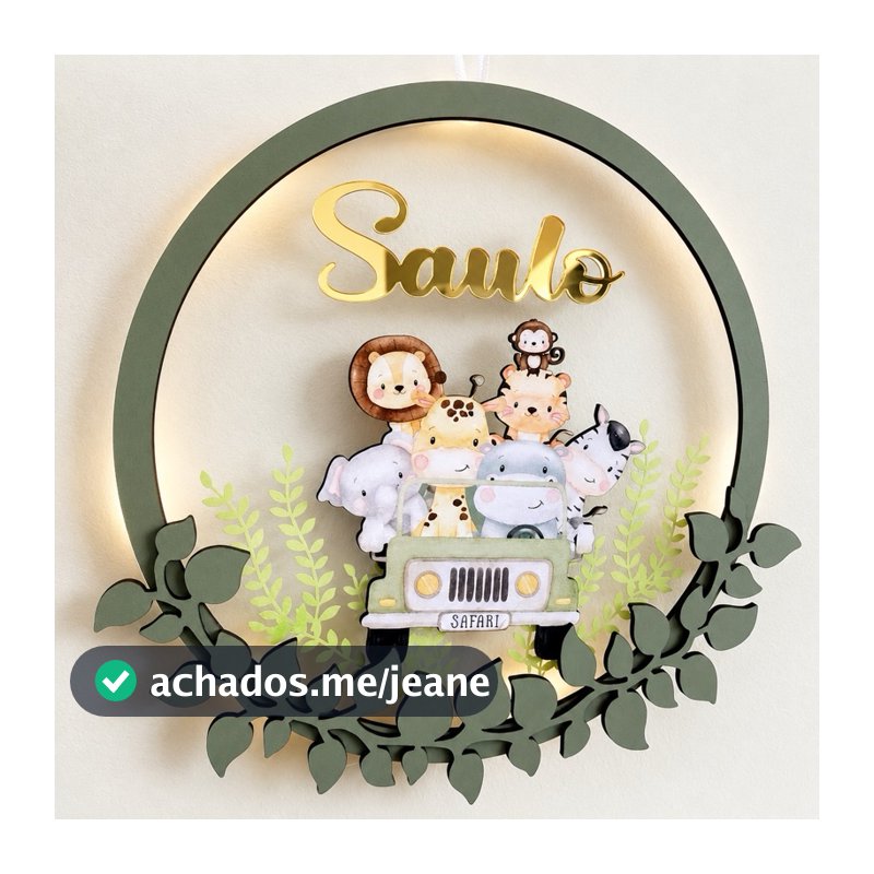 Enfeite de Porta Maternidade Safári Menino Acrílico com LED Personalizado quarto de bebê infantil