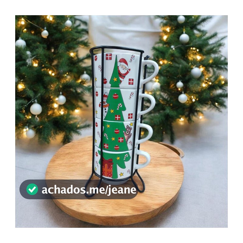 Jogo De 4 Xicaras 210ml Café Chá Porcelana Arvore de Natal Com Suporte de Metal