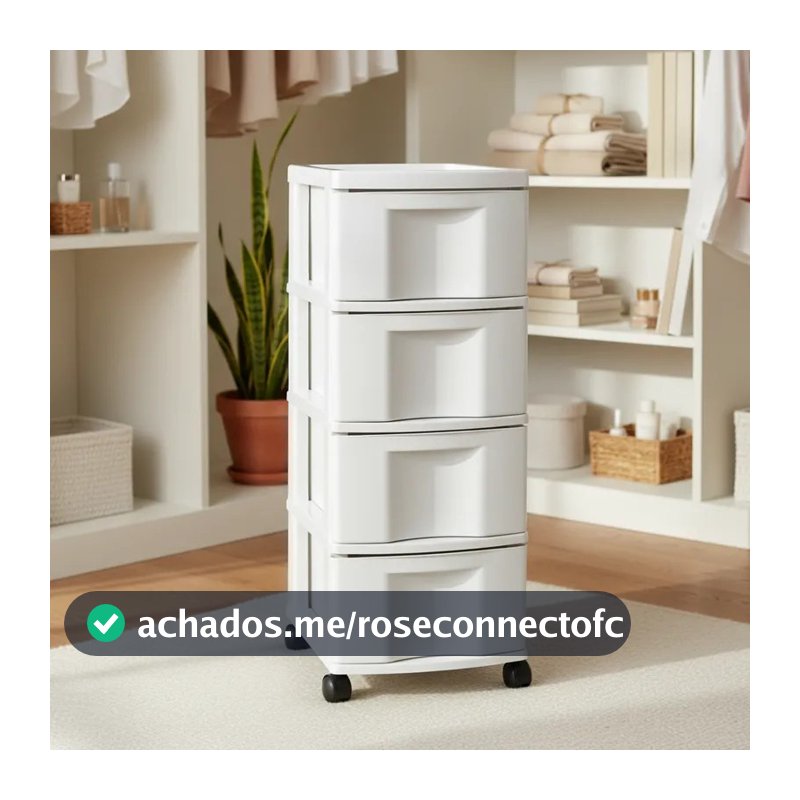 Gaveteiro Plástico Todo Branco 4 Gavetas com Rodízios – Organizador Multiuso Reforçado