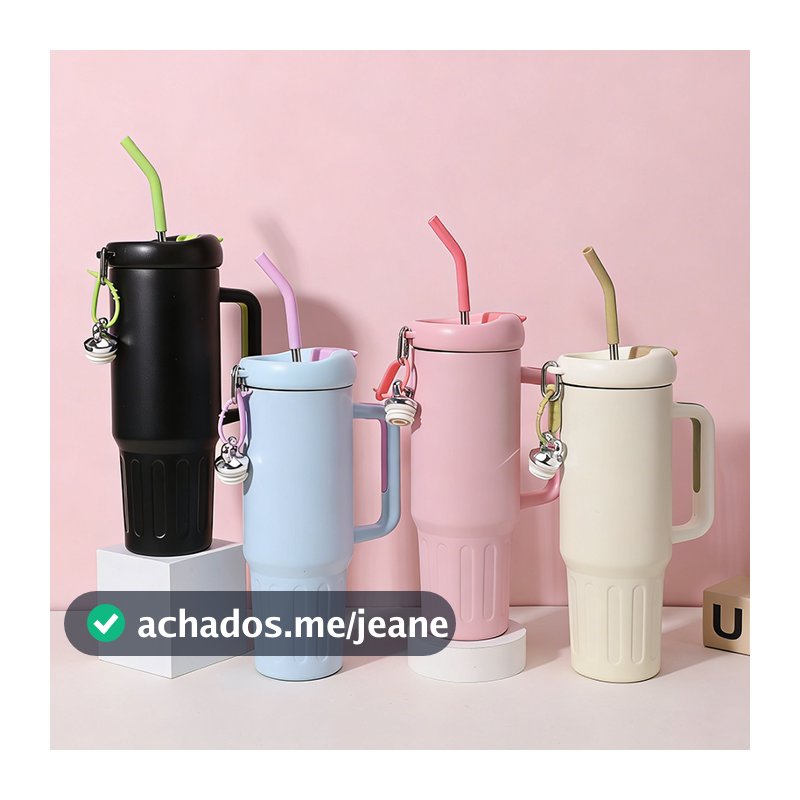 Copo Chaveiro Garrafa Térmica de Água 1200ml Inoxidável Portátil - Com Tampa e Canudo Inox O5