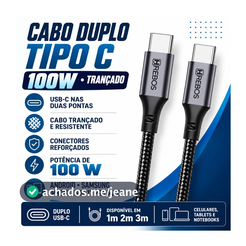 Cabo USB-C Tipo C para Tipo C Hrebos 100W Turbo Trançado iPhone 15 16 17 Android 1m 2m 3m USB A