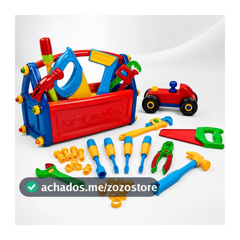 Caixa de Ferramentas Infantil Poliplac 21 Peças Monta Desmonta | Variações Trator Caminhão Retroescavadeira Avião