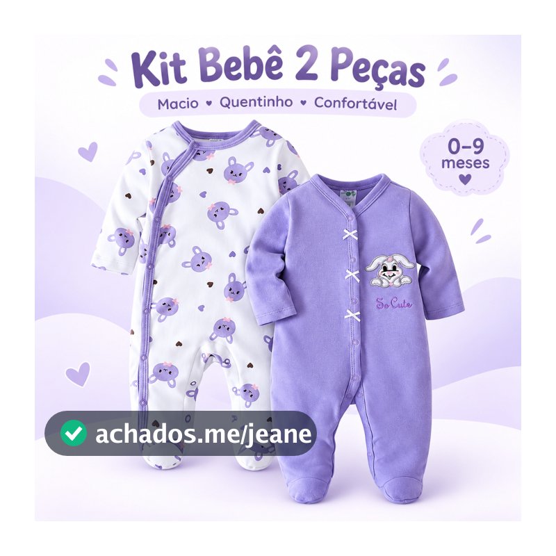 Kit 2 Macacões Bebê Menina Manga Longa com Pé Coelhinho Abertura Frontal 0-12 Meses