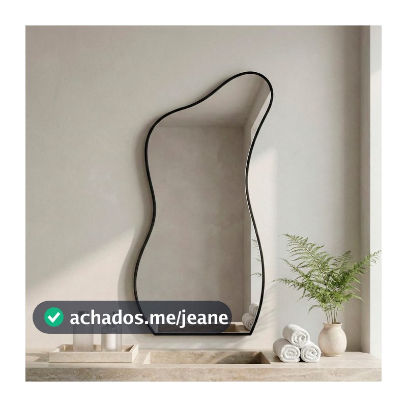 Espelho Orgânico Curves 110x60 com Borda em Couro Ecológico e Fixação de Parede para Sala Banheiro