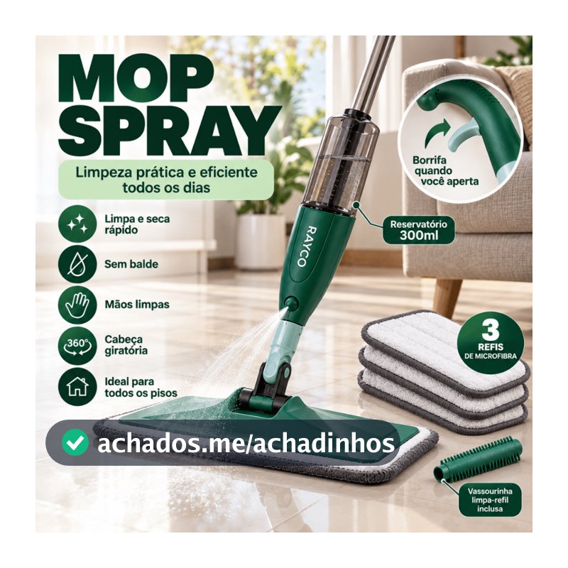Mop Spray com Reservatório Reforçado Rodo Mágico Esfregão Microfibra 2 Refil Extra Limpeza Piso