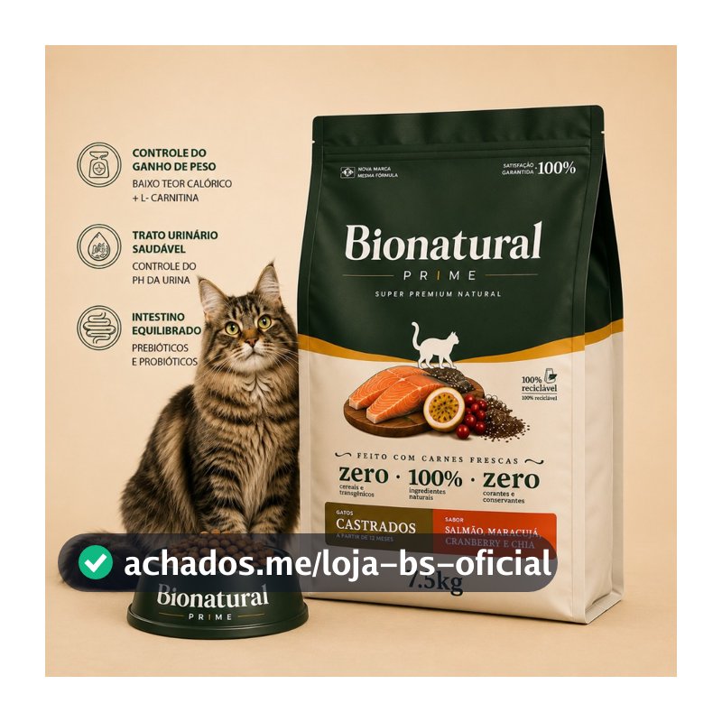 Ração Bionatural Prime Super Premium Gatos Castrados 7.5kg Salmao Envio Imediato