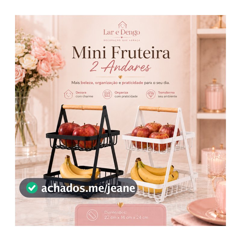 Mini Fruteira Compacta 2 Andares Preta ou Branca com Alça de Bambu Organizador de Frutas para Cozinha