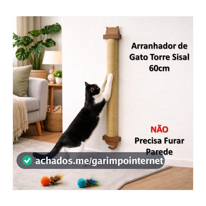 Arranhador Gatos Parede Vertical Poste Sisal 60cm Brinquedo Pet Casa Sem Furos Poste Refil Reposição