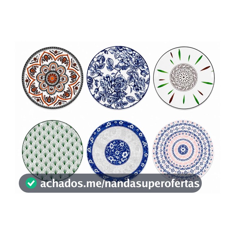 Jogo 12 Pratos Fundo Jantar Decorado Louça Cerâmica Resistente Lindo Premium 22cm