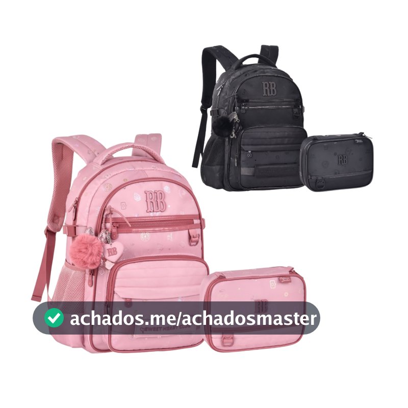 Kit Completo Mochila RB Costas e Estojo Rebecca Bonbon Preta Rose Feminina Infantil Escolar Alça RB