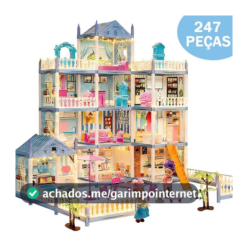 Casinha De Boneca Infantil Grande Com 4 Andares 14 Quartos Com LED Castelo Princesinha
