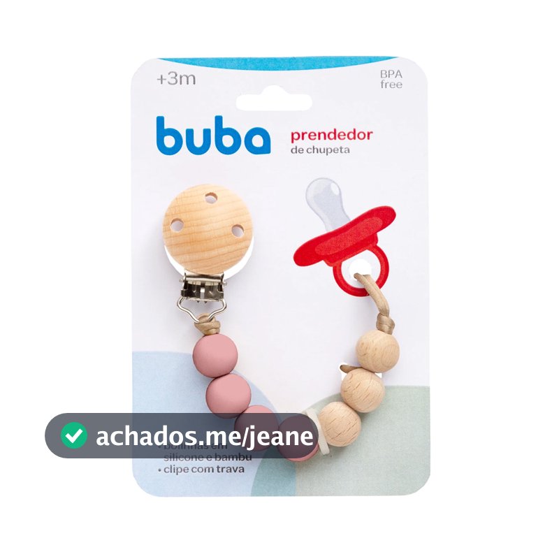 Prendedor de Chupeta em Silicone e Bambu Buba Rosa